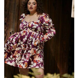 Eloquii Sweetheart Neckline Floral‎ Purple Long Sleeve Plus Mini Short Dress 16